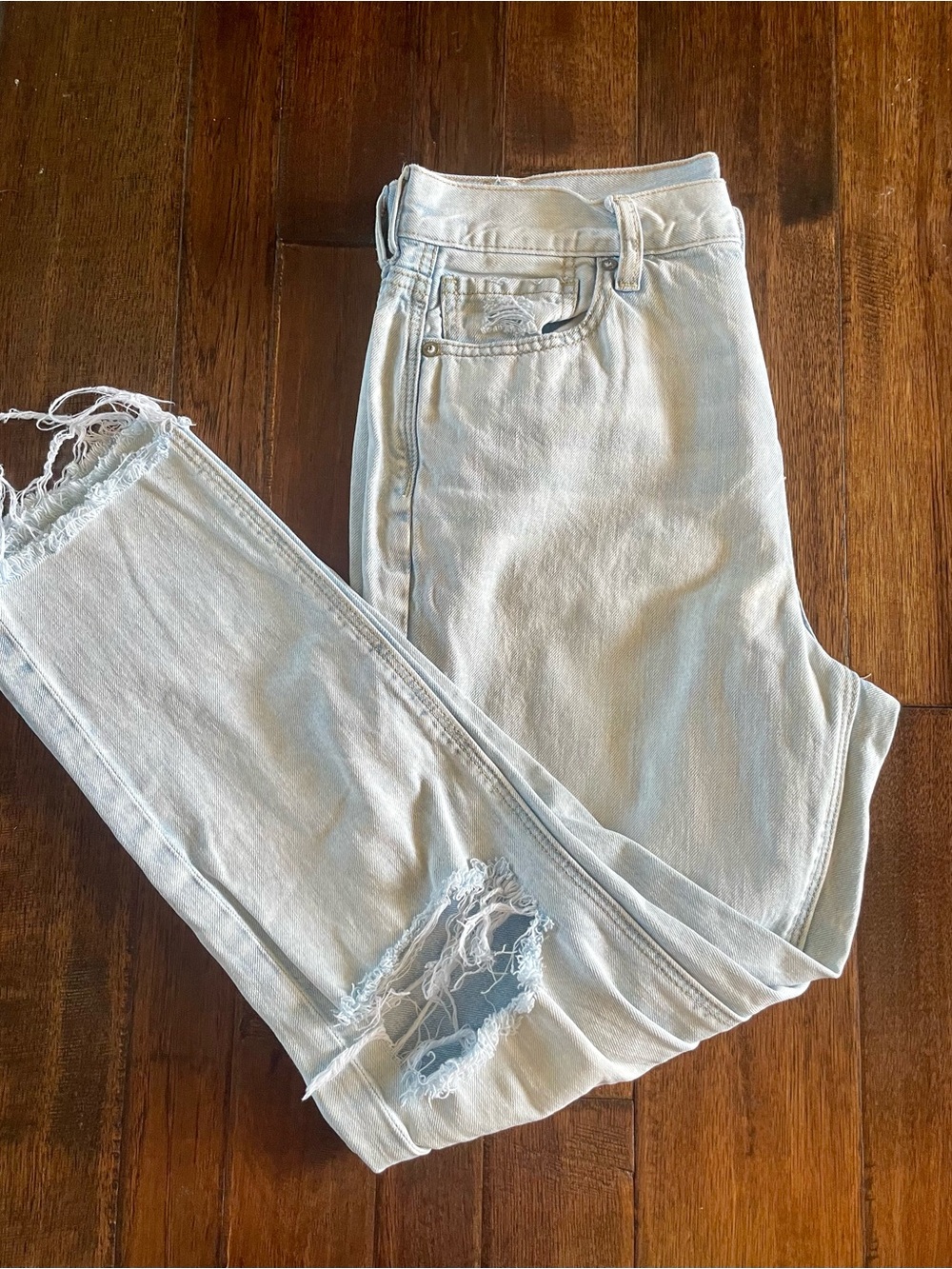 American Eagle Outfitters Pale Blue High-Rise Distressed Mom Jeans